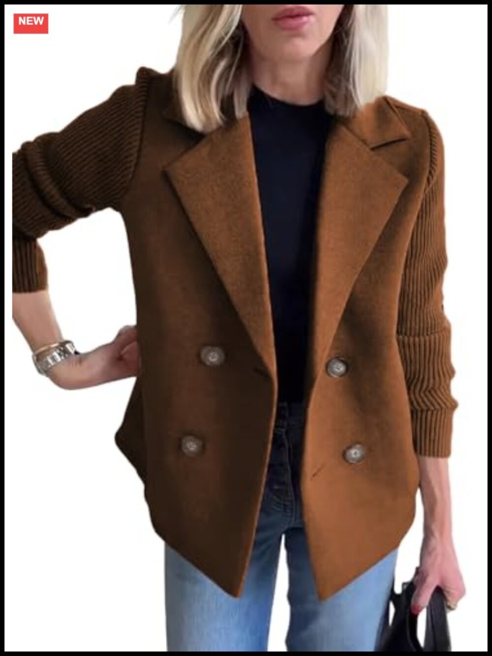 Wool Blend Pea Coat Notched Lapel Ribbed Knit Sleeve Button Blazer Jacket